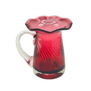 Midcentury Modern Hand Blown Cranberry Glass Miniature Flower Pitcher Vase